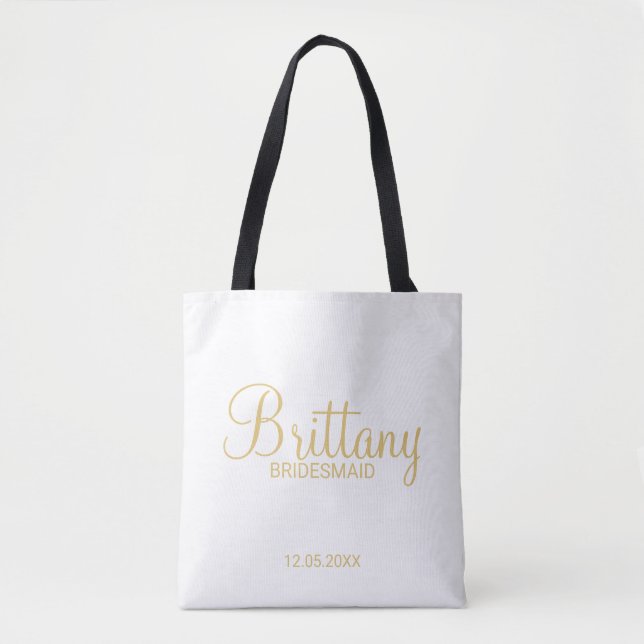 Modern White and Gold Personalized Bridesmaids Tote Bag (Front)