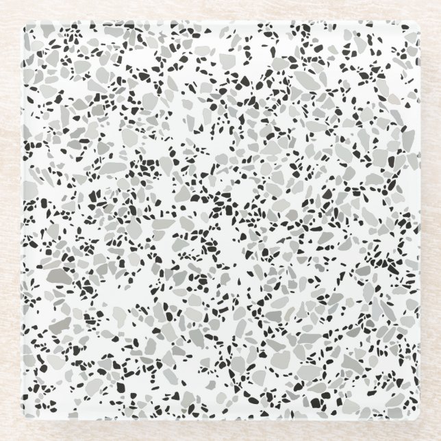 Modern White and Gray Terrazzo Pattern Glass Coaster (Front)