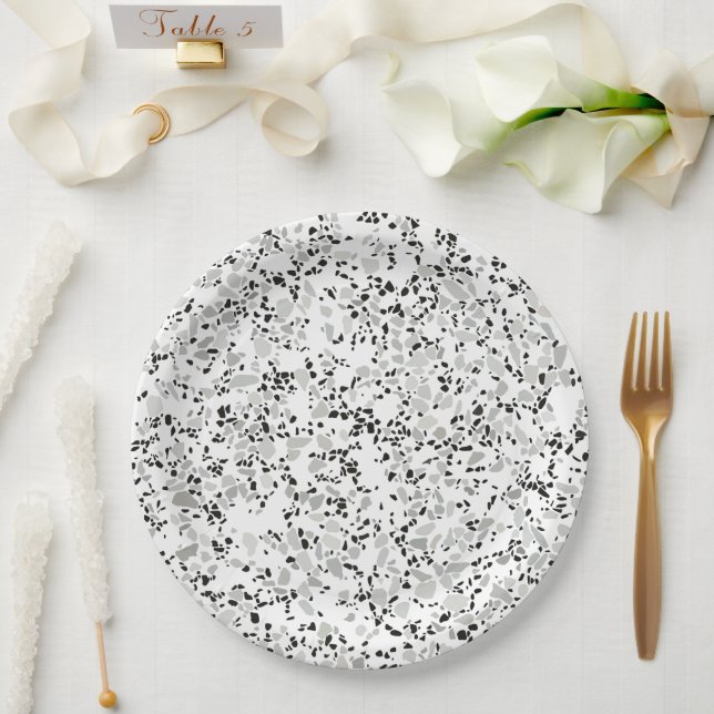 Modern White and Gray Terrazzo Pattern Paper Plates (Wedding)