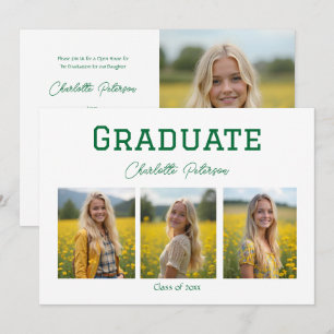 Modern White and Green Photo Graduation  Invitation