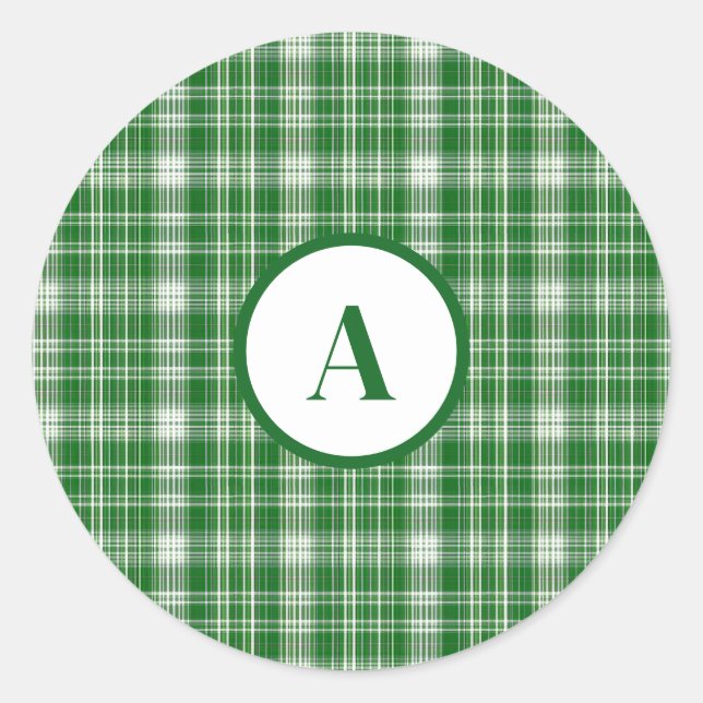 Modern White and Green Plaid Classic Round Sticker (Front)