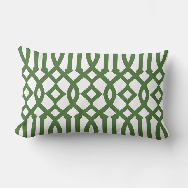 Modern White and Green Trellis Pattern Lumbar Pillow (Front)