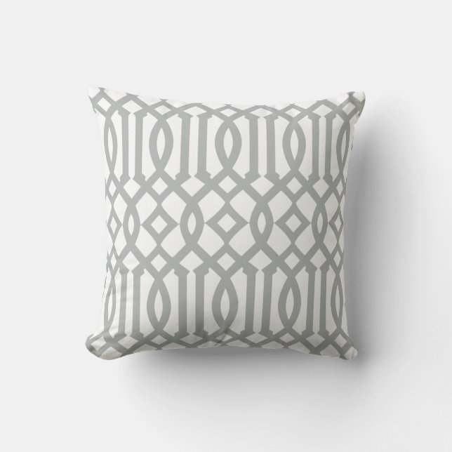 Modern White and Light Gray Trellis Pattern Throw Pillow (Front)