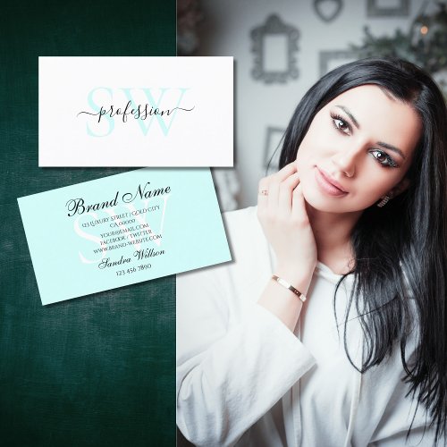 Modern White and Light Pastel Teal with Initials  Business Card