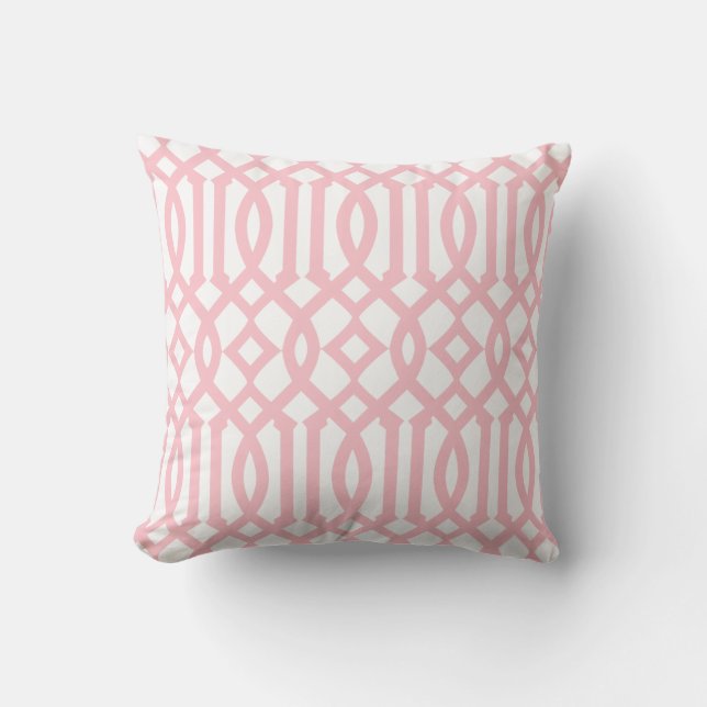 Modern White and Light Pink Trellis Pattern Throw Pillow (Front)