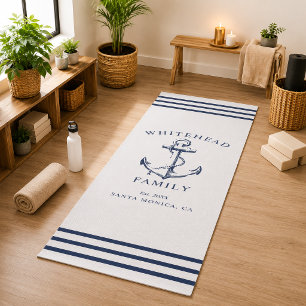 Modern White and Navy Anchor Nautical Family Yoga Mat