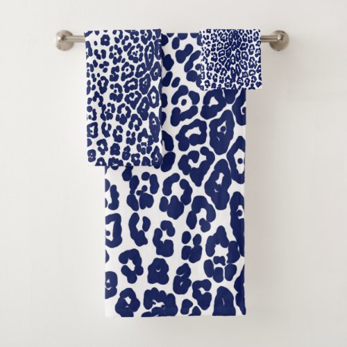 Modern white and navy blue leopard print bath towel set
