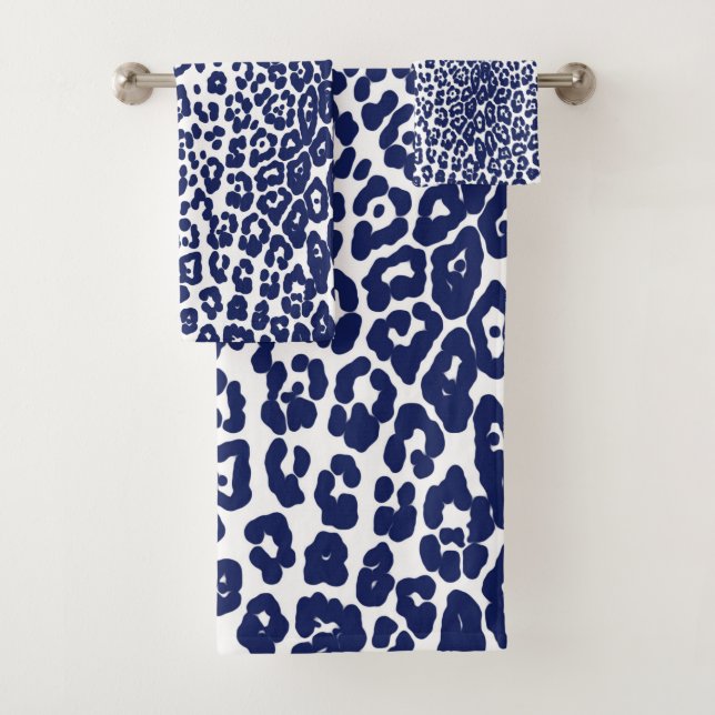 Modern white and navy blue leopard print bath towel set (Insitu)