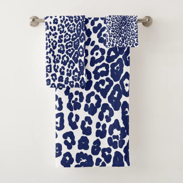 Modern white and navy blue leopard print bath towel set Zazzle