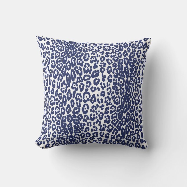 Modern white and navy blue leopard print outdoor pillow (Front)