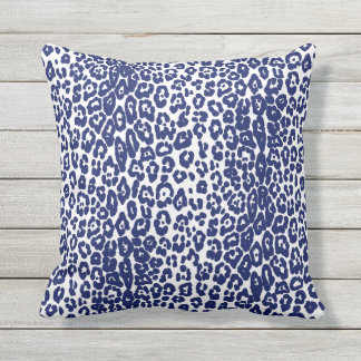 Modern white and navy blue leopard print outdoor pillow
