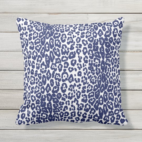 Modern white and navy blue leopard print outdoor pillow