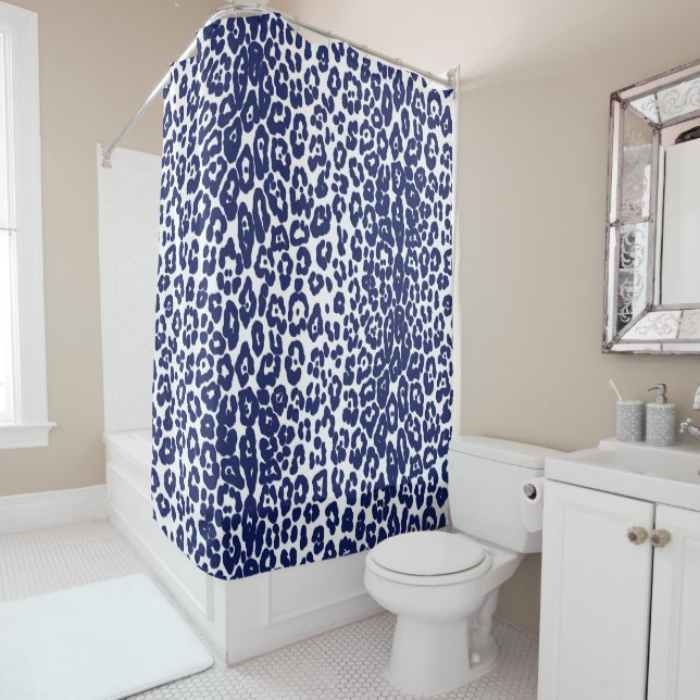 Modern white and navy blue leopard print  shower curtain (In Situ)