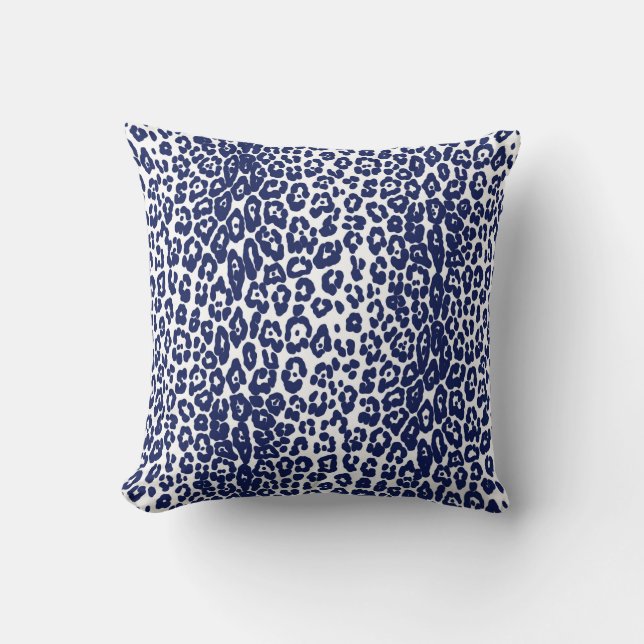 Modern white and navy blue leopard print throw pillow (Front)