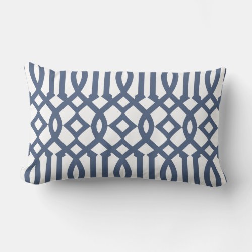 Modern White and Navy Blue Trellis Pattern Lumbar Pillow