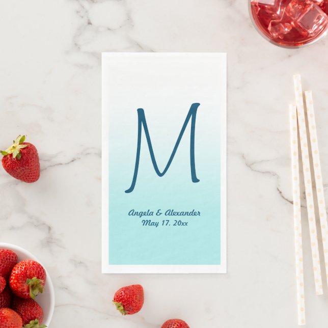 Modern White and Pale Turquoise Ombre Monogram Paper Guest Towels (Insitu)