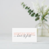 Modern white and peach hair stylist script chic business card (Standing Front)