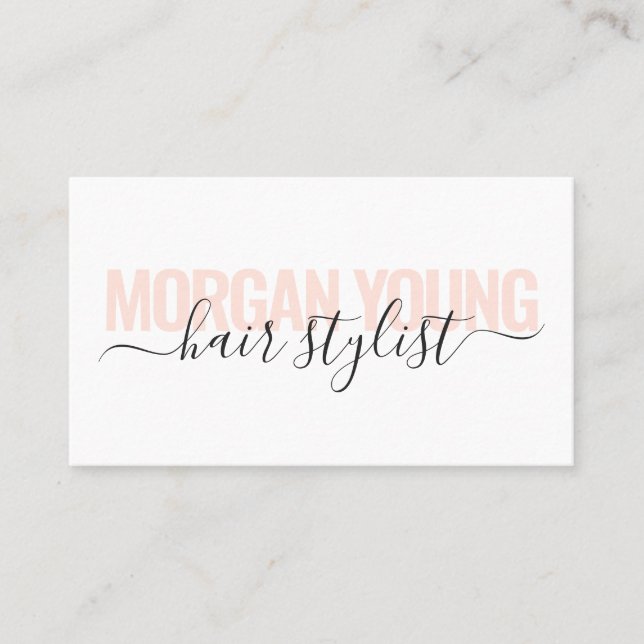 Modern white and peach hair stylist script chic business card (Front)