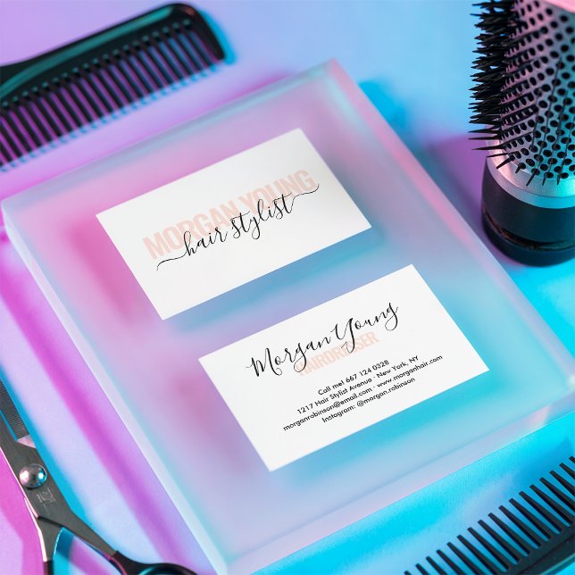Modern white and peach hair stylist script chic business card (Modern white and peach hair stylist script chic)
