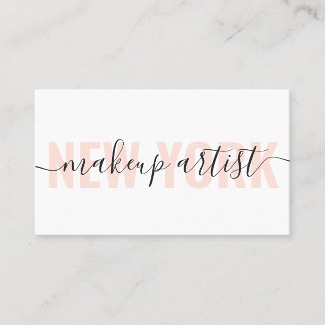 Modern white and peach makeup artist script chic business card (Front)