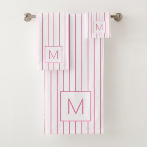 Modern White and Pink Stripe Monogram Bath Towel Set