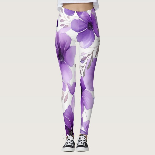 Modern White and purple Floral Leggings  (Front)