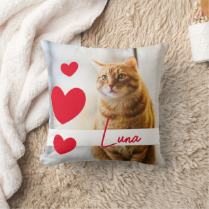 Modern White and Red Hearts Name Cat Memorial Throw Pillow