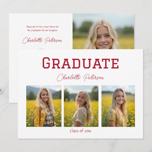 Modern White and Red Photo Graduation  Invitation (Front/Back)