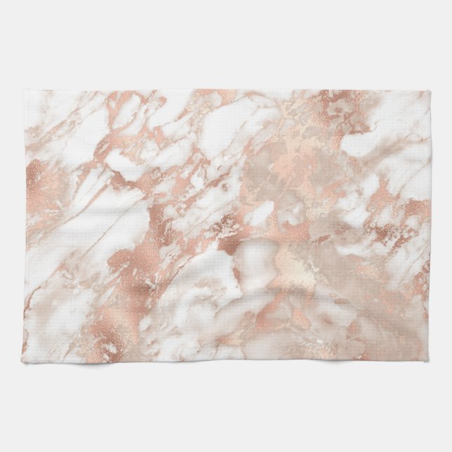 Modern White and Rose Gold Marble Pattern Kitchen Towel (Horizontal)