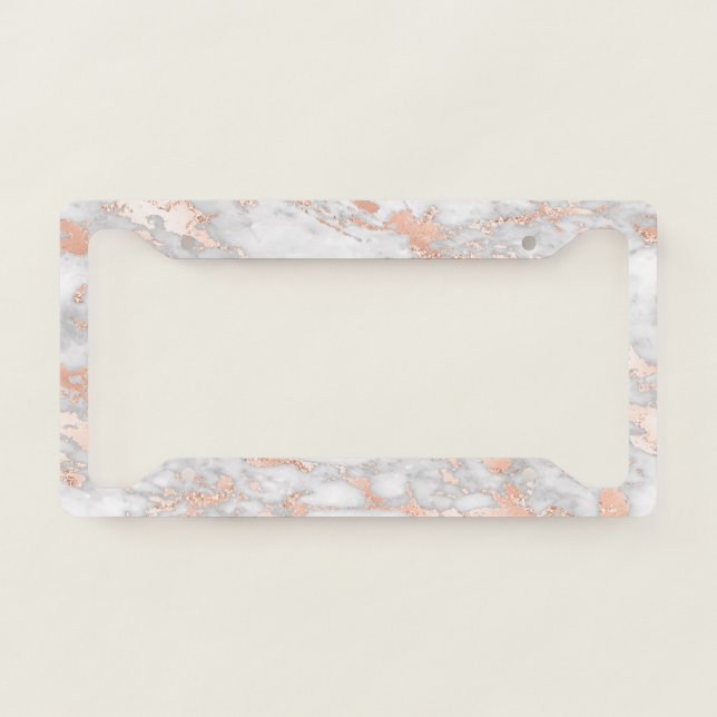 Modern White and Rose Gold Marble Pattern License Plate Frame (Front)