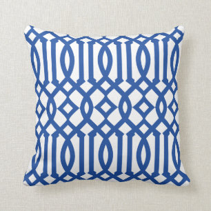 Modern White and Royal Blue Trellis Pattern Throw Pillow
