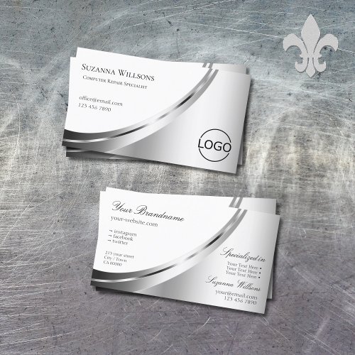 Modern White and Silver Decor with Logo Noble Business Card