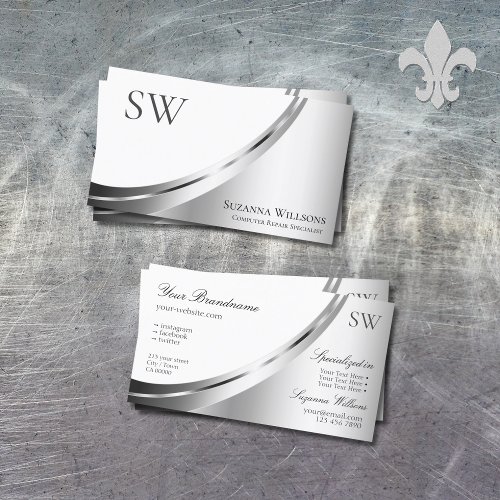 Modern White and Silver Decor with Monogram Noble Business Card