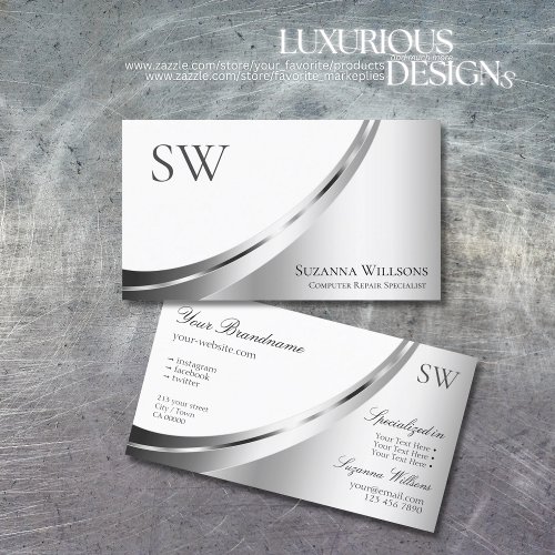 Modern White and Silver Decor with Monogram Noble Business Card