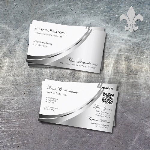 Modern White and Silver Decor with QR Code Elegant Business Card