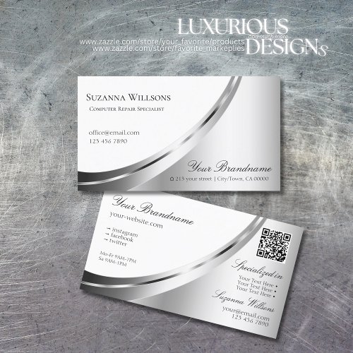 Modern White and Silver Decor with QR Code Elegant Business Card