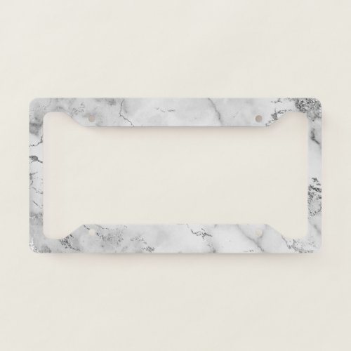Modern White and Silver Glitter Marble Pattern License Plate Frame