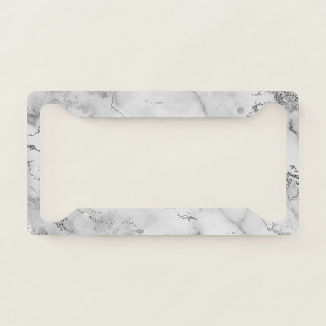 Modern White and Silver Glitter Marble Pattern License Plate Frame (Front)