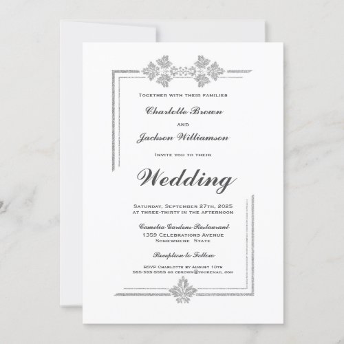 Modern White and Silver Glitter Wedding Invitation