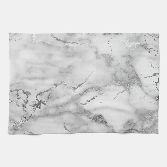 Modern White and Silver Marble Pattern Kitchen Towel (Horizontal)
