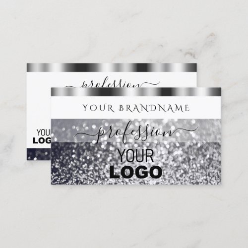 Modern White and Silver Sparkling Glitter Add Logo Business Card