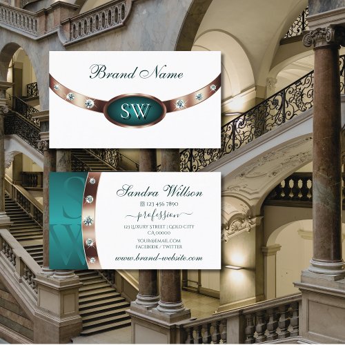 Modern White and Teal Rose Gold Colors Monogram Business Card