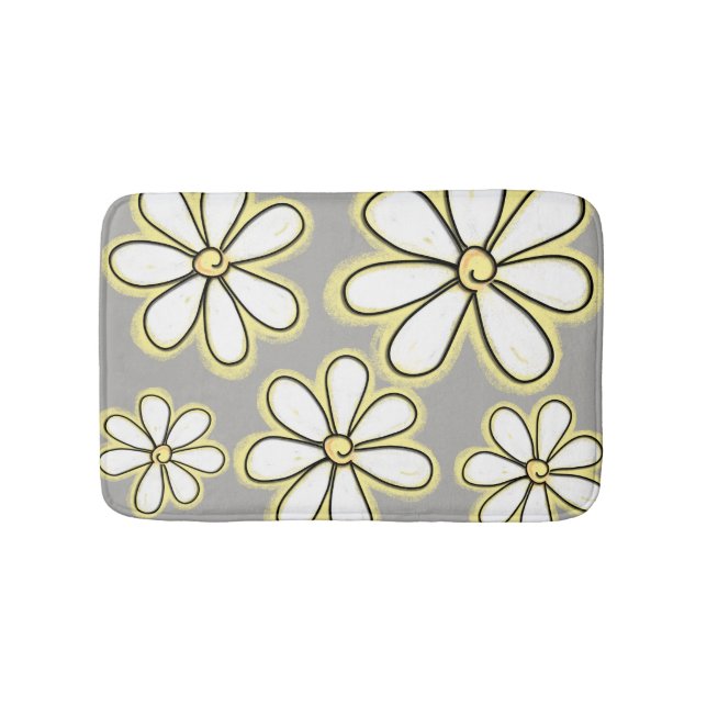 Modern White And Yellow Chalk Daisies On Gray Bath Mat (Front)