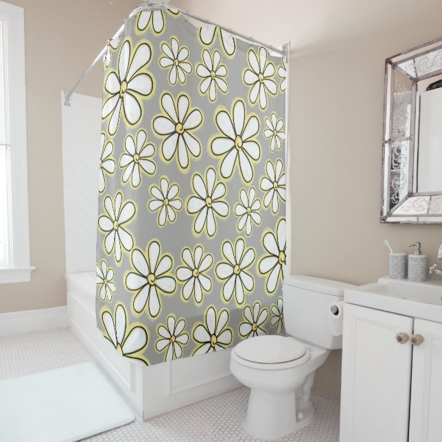 Modern White And Yellow Daisy Flowers Gray Shower Curtain (In Situ)