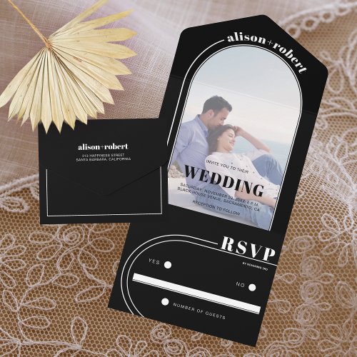 Modern white arch and photo black wedding all in one invitation