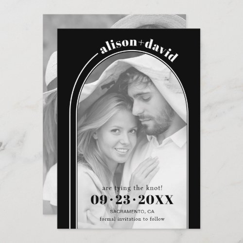 Modern white arch and photo black wedding save the date