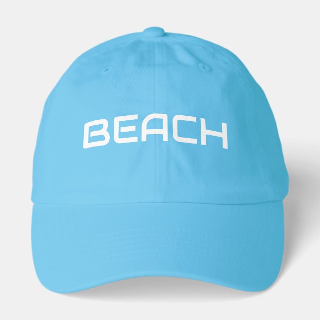 Modern White BEACH Text Neon Blue Background Hat (Front)