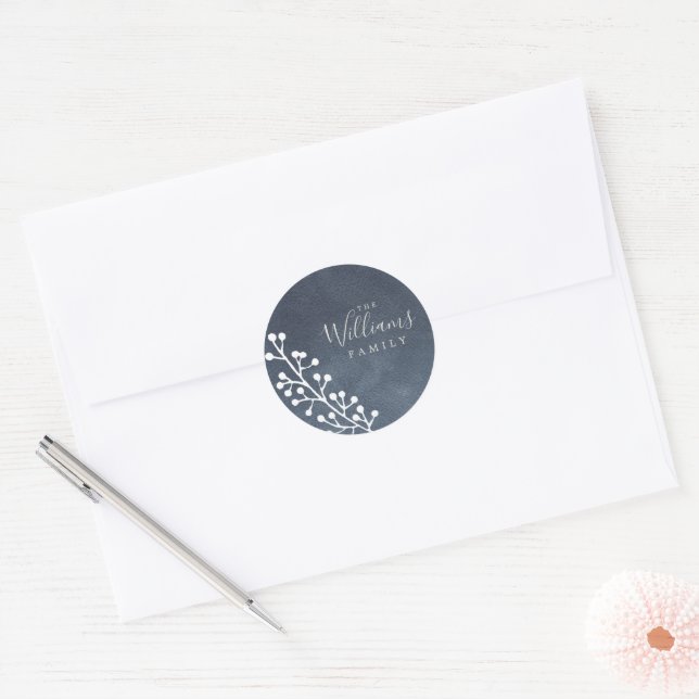 Modern White Berries Sprig Dark Blue Christmas Classic Round Sticker (Envelope)