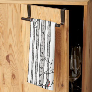 Modern White Birch Trees and Red Cardinal Birds Kitchen Towel
