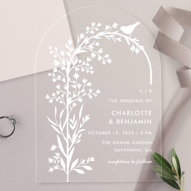 Modern White Bird and Branch Wedding Acrylic Invitations (Creator Uploaded)